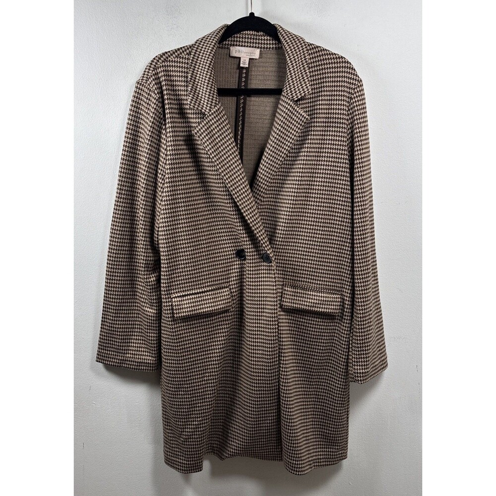 Philosophy Republic Houndstooth Blazer Coat Women’s L Brown Tan Long 2 Button
